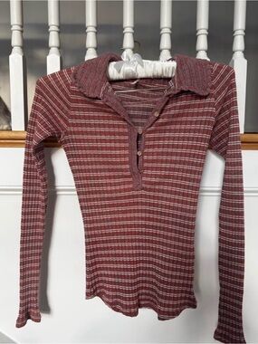 Free People Striped Ribbed Long-Sleeve Polo Top in Dusty Rose and White